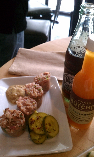 Boudin Bites with Creole Mustard and Pickles